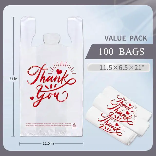 Alt view image 5 of 7 - 100 Pack White Thank You T-Shirt Bags - 11.5"x6.5"x21" Reusable Grocery Bags with Handles, Eco-Friendly Retail Packaging for Supermarket & Small Business