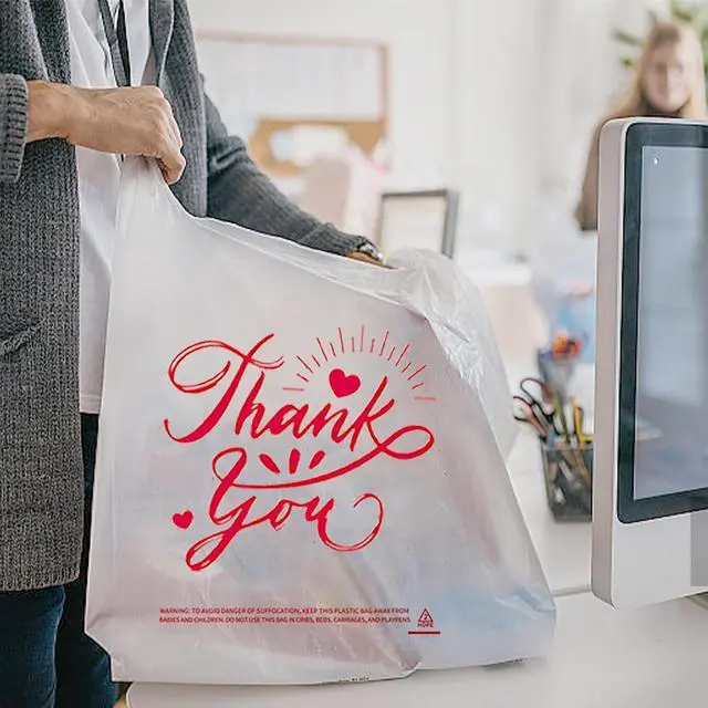 Alt view image 6 of 7 - 100 Pack White Thank You T-Shirt Bags - 11.5"x6.5"x21" Reusable Grocery Bags with Handles, Eco-Friendly Retail Packaging for Supermarket & Small Business