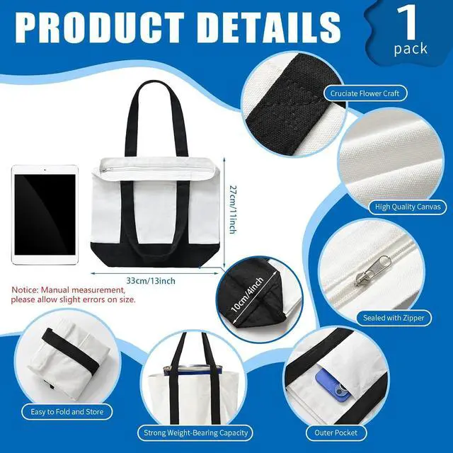 Alt view image 3 of 7 - Mini Canvas Tote Bag with Pockets, 12oz Small Tote Bag with Zipper