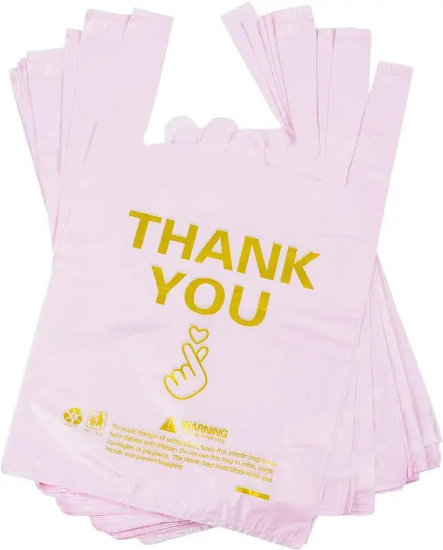 Alt view image 4 of 5 - ysmile Thank You T Shirt Bag Plastic Grocery Bag for Small Business Plastic Shopping Bag with Handle - Pink