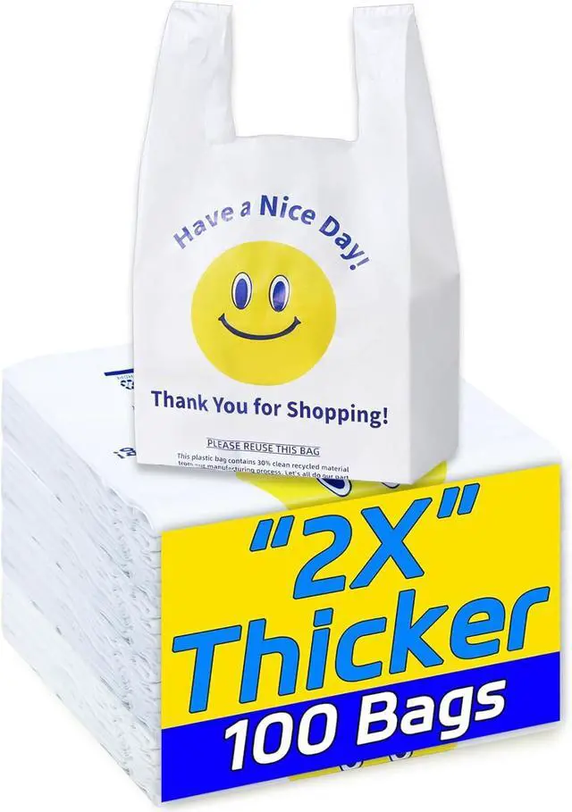 Main image of YovhVon 0.8Mil(20 Microns), 100 Count, Plastic Bags with Handles, T-Shirt bag, Thank You bags, Shopping Bag, Grocery Bag, |for Store, Carry, Pack|, White, 1/6 Barrel, Large 11"x6"x21", Heavy Duty