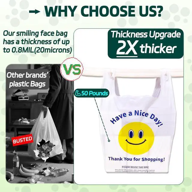 Alt view image 2 of 6 - YovhVon 0.8Mil(20 Microns), 100 Count, Plastic Bags with Handles, T-Shirt bag, Thank You bags, Shopping Bag, Grocery Bag, |for Store, Carry, Pack|, White, 1/6 Barrel, Large 11"x6"x21", Heavy Duty