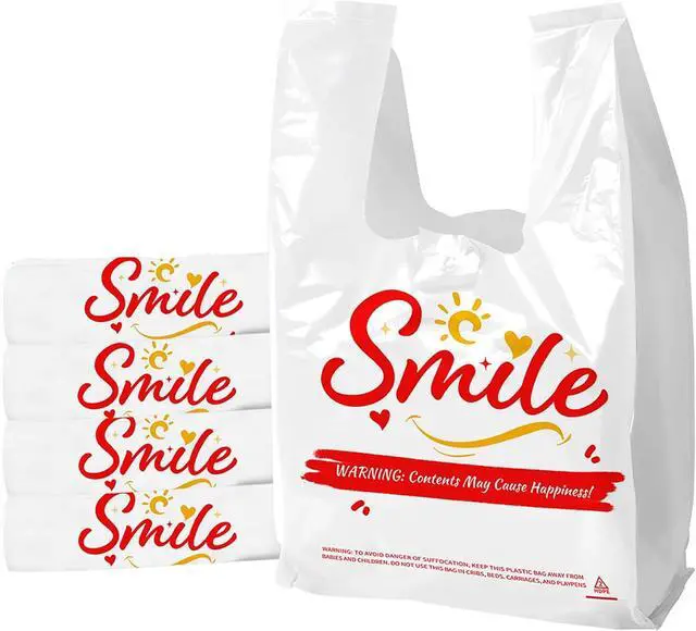 Main image of 100 Pack White Smile Plastic Bag - 11.5"x6.5"x21" T-Shirt Grocery Bags with Handles, Cheerful Alternative to Thank You Bags, Bulk for Retail, Supermarkets & Small Business