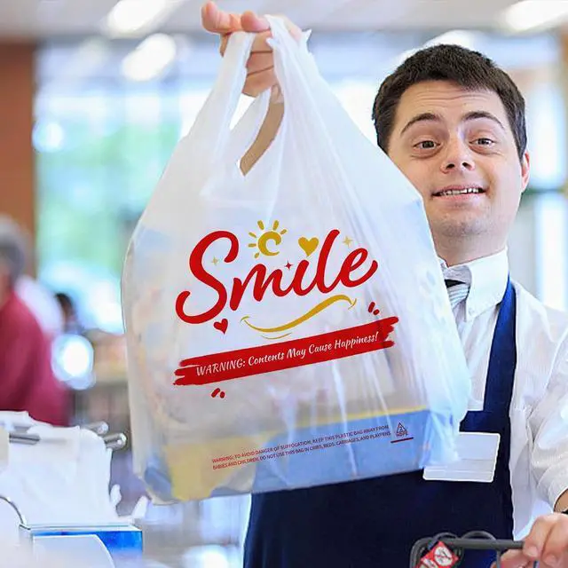 Alt view image 2 of 7 - 100 Pack White Smile Plastic Bag - 11.5"x6.5"x21" T-Shirt Grocery Bags with Handles, Cheerful Alternative to Thank You Bags, Bulk for Retail, Supermarkets & Small Business