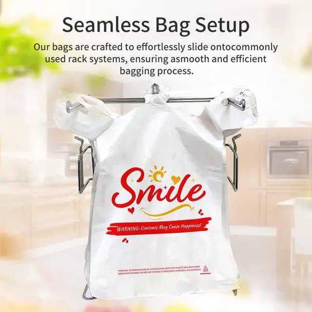 Alt view image 4 of 7 - 100 Pack White Smile Plastic Bag - 11.5"x6.5"x21" T-Shirt Grocery Bags with Handles, Cheerful Alternative to Thank You Bags, Bulk for Retail, Supermarkets & Small Business