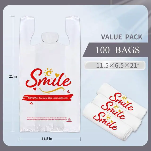 Alt view image 5 of 7 - 100 Pack White Smile Plastic Bag - 11.5"x6.5"x21" T-Shirt Grocery Bags with Handles, Cheerful Alternative to Thank You Bags, Bulk for Retail, Supermarkets & Small Business