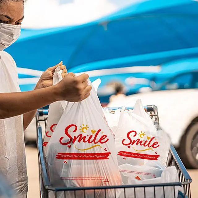 Alt view image 6 of 7 - 100 Pack White Smile Plastic Bag - 11.5"x6.5"x21" T-Shirt Grocery Bags with Handles, Cheerful Alternative to Thank You Bags, Bulk for Retail, Supermarkets & Small Business