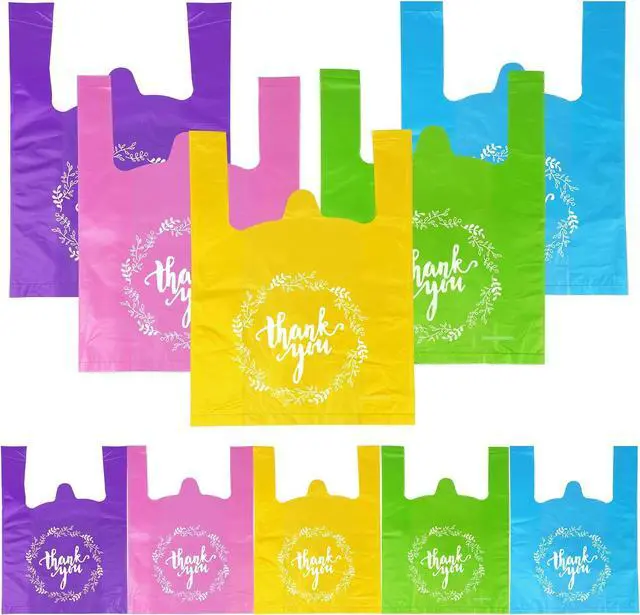 Main image of Thank You T-Shirt Plastic Bags Plastic Bulk Shopping Bags Restaurant Bag in Bulk Pink Green Yellow Purple Cyan