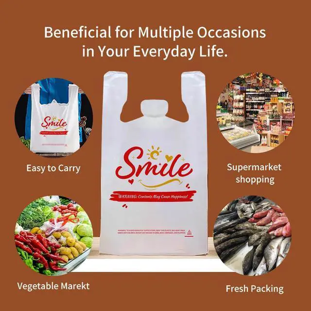 Alt view image 7 of 7 - 100 Pack White Smile Plastic Bag - 11.5"x6.5"x21" T-Shirt Grocery Bags with Handles, Cheerful Alternative to Thank You Bags, Bulk for Retail, Supermarkets & Small Business