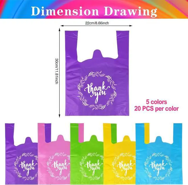 Alt view image 3 of 6 - Thank You T-Shirt Plastic Bags Plastic Bulk Shopping Bags Restaurant Bag in Bulk Pink Green Yellow Purple Cyan