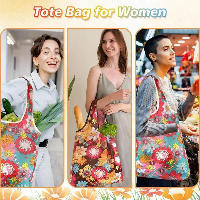 Alt view image 2 of 7 - MIAHART Reusable Grocery Bags Foldable Groceries Shopping Bags Foldable Cute Tote Bags Fashion Bags Waterproof Nylon Grocery Bags (Flower Style)