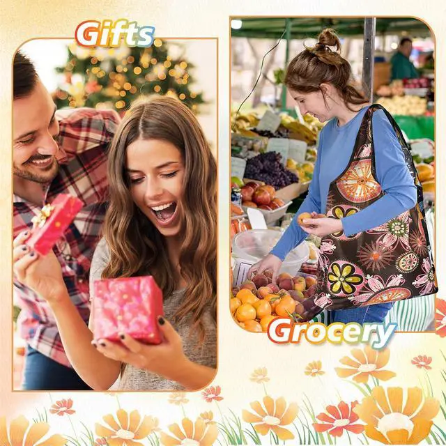 Alt view image 5 of 7 - MIAHART Reusable Grocery Bags Foldable Groceries Shopping Bags Foldable Cute Tote Bags Fashion Bags Waterproof Nylon Grocery Bags (Flower Style)