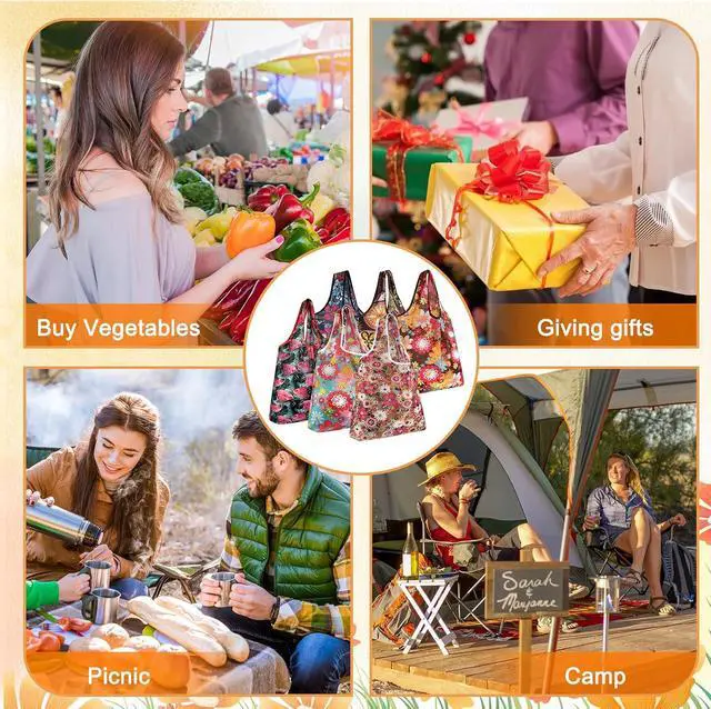 Alt view image 7 of 7 - MIAHART Reusable Grocery Bags Foldable Groceries Shopping Bags Foldable Cute Tote Bags Fashion Bags Waterproof Nylon Grocery Bags (Flower Style)