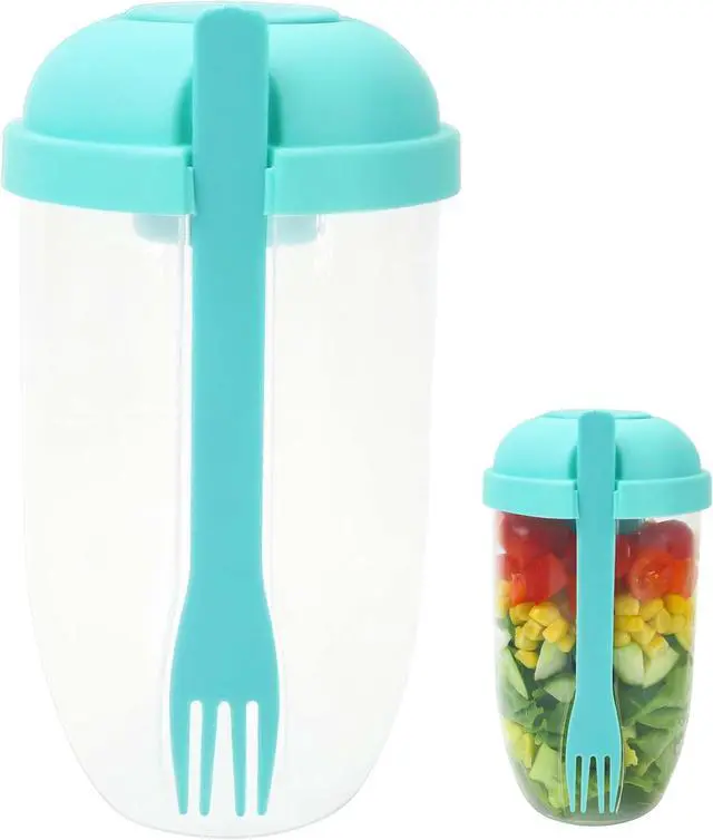 Alt view image 2 of 7 - Salad Shaker Cup Container for Lunch Portable Fresh Salad Cup Keep Fit Food Dressing Bottle Container, Breakfast Vegetable Fruits Jar Holder to Go Meal for Lunch, Green Pods with Lid and Fork