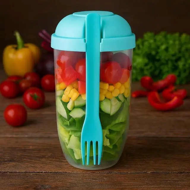 Alt view image 3 of 7 - Salad Shaker Cup Container for Lunch Portable Fresh Salad Cup Keep Fit Food Dressing Bottle Container, Breakfast Vegetable Fruits Jar Holder to Go Meal for Lunch, Green Pods with Lid and Fork