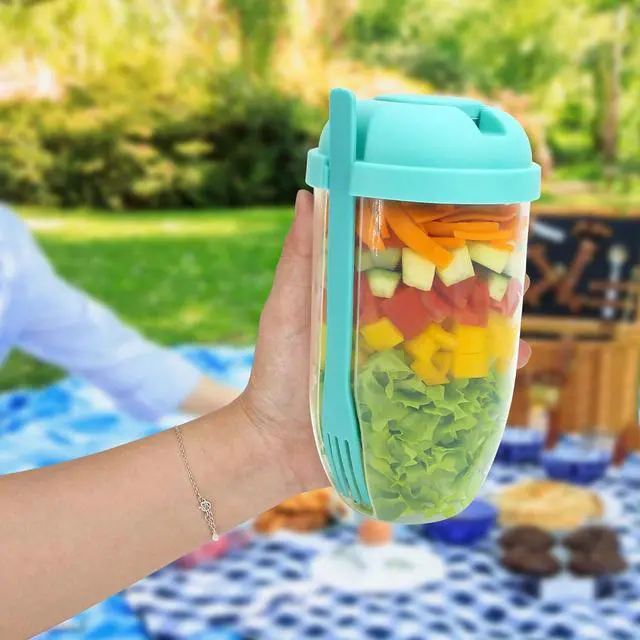 Alt view image 4 of 7 - Salad Shaker Cup Container for Lunch Portable Fresh Salad Cup Keep Fit Food Dressing Bottle Container, Breakfast Vegetable Fruits Jar Holder to Go Meal for Lunch, Green Pods with Lid and Fork