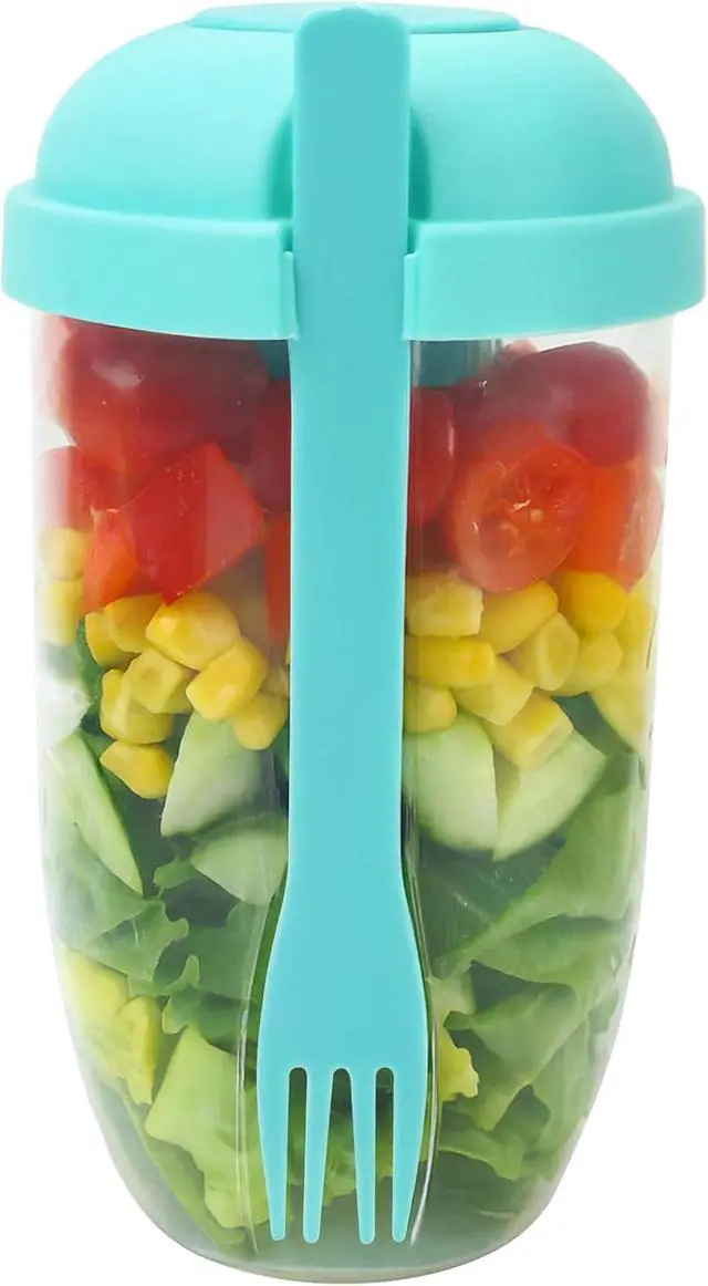 Alt view image 5 of 7 - Salad Shaker Cup Container for Lunch Portable Fresh Salad Cup Keep Fit Food Dressing Bottle Container, Breakfast Vegetable Fruits Jar Holder to Go Meal for Lunch, Green Pods with Lid and Fork