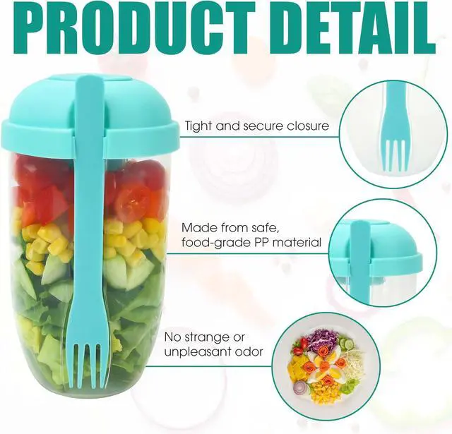 Alt view image 7 of 7 - Salad Shaker Cup Container for Lunch Portable Fresh Salad Cup Keep Fit Food Dressing Bottle Container, Breakfast Vegetable Fruits Jar Holder to Go Meal for Lunch, Green Pods with Lid and Fork
