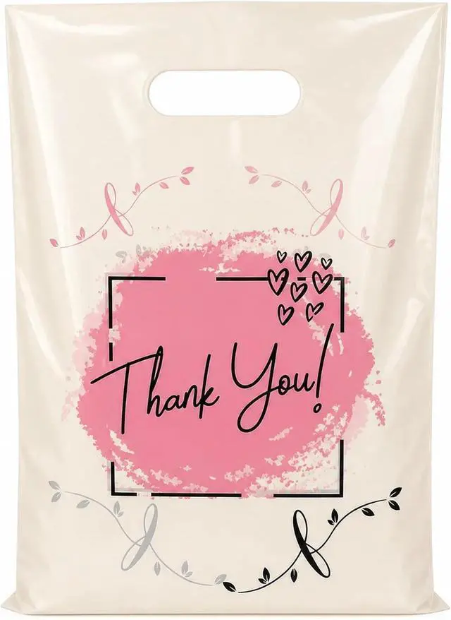 Main image of ysmile Small Thank You Bags with Handles 100 Pack 5.9"x7.8" Plastic Merchandise Bags for Small Business, Retail Stores, Boutique, and Gift Packaging (Beige)