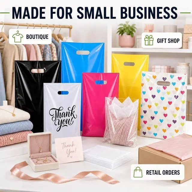 Alt view image 5 of 7 - ysmile Small Thank You Bags with Handles 100 Pack 5.9"x7.8" Plastic Merchandise Bags for Small Business, Retail Stores, Boutique, and Gift Packaging (Beige)