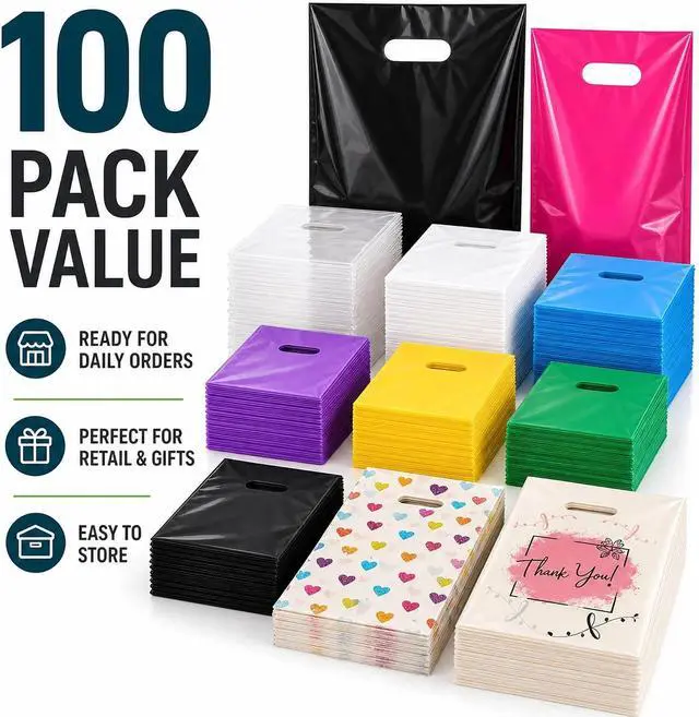 Alt view image 7 of 7 - ysmile Small Thank You Bags with Handles 100 Pack 5.9"x7.8" Plastic Merchandise Bags for Small Business, Retail Stores, Boutique, and Gift Packaging (Beige)
