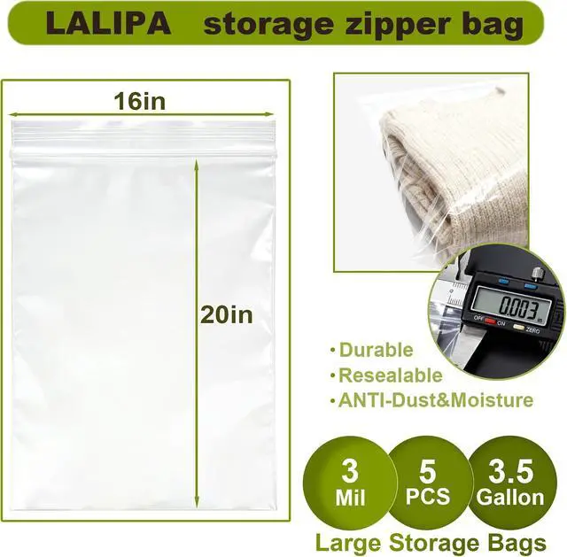 Alt view image 2 of 7 - 3Mil Thick Extra Large Storage Bags Clear 16"X 20" Zip Plastic Bags 3.5 Gallon Lock Poly Baggies for Packaging Clothing Organizing,Crafts,Travel 5Pack-Heavy Duty