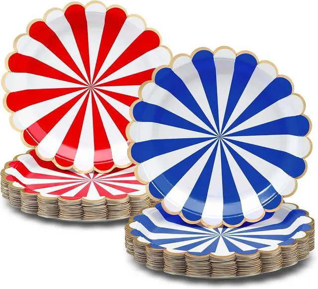Main image of Confettiville 4th of July Plates, 50-Pack Scallop-Edged Party Paper Plates with Gold Foil Borders, Red and Blue Stripes, 9-Inch