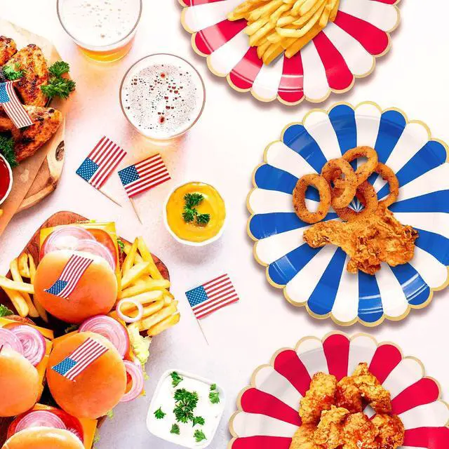 Alt view image 2 of 7 - Confettiville 4th of July Plates, 50-Pack Scallop-Edged Party Paper Plates with Gold Foil Borders, Red and Blue Stripes, 9-Inch