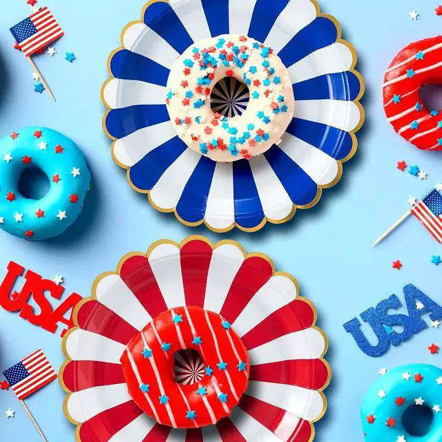 Alt view image 3 of 7 - Confettiville 4th of July Plates, 50-Pack Scallop-Edged Party Paper Plates with Gold Foil Borders, Red and Blue Stripes, 9-Inch