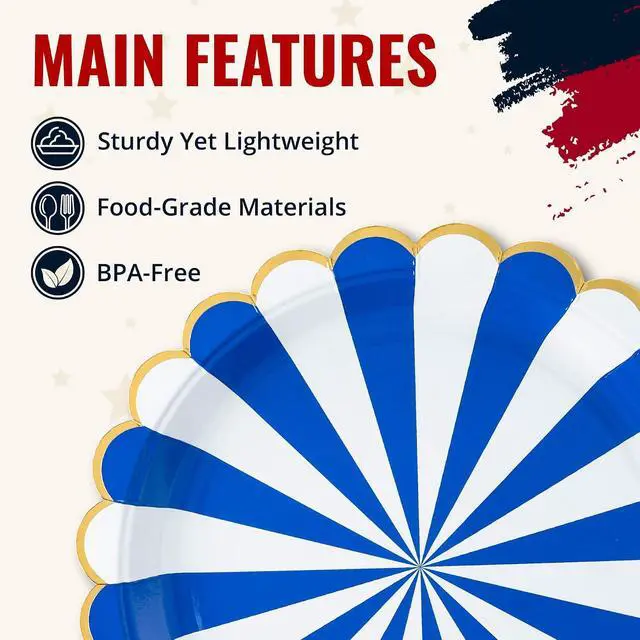 Alt view image 5 of 7 - Confettiville 4th of July Plates, 50-Pack Scallop-Edged Party Paper Plates with Gold Foil Borders, Red and Blue Stripes, 9-Inch