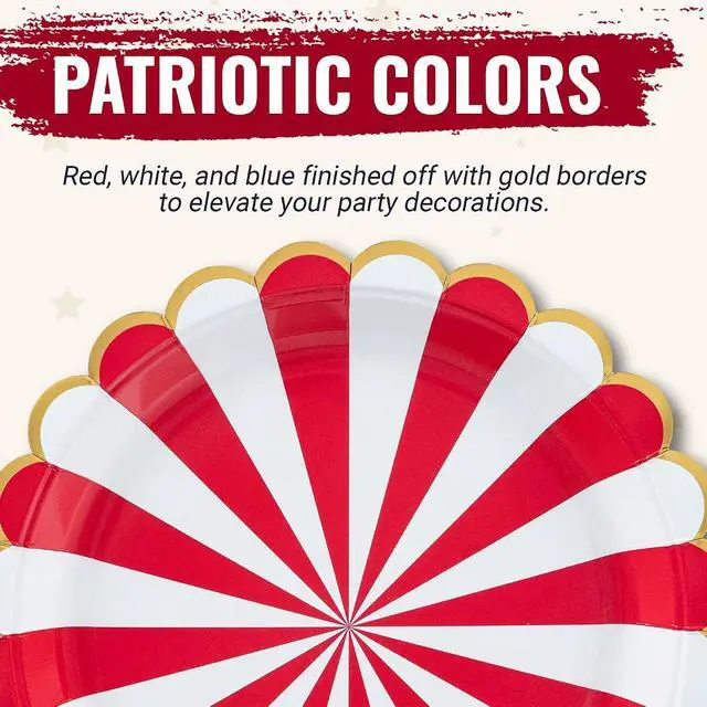 Alt view image 6 of 7 - Confettiville 4th of July Plates, 50-Pack Scallop-Edged Party Paper Plates with Gold Foil Borders, Red and Blue Stripes, 9-Inch
