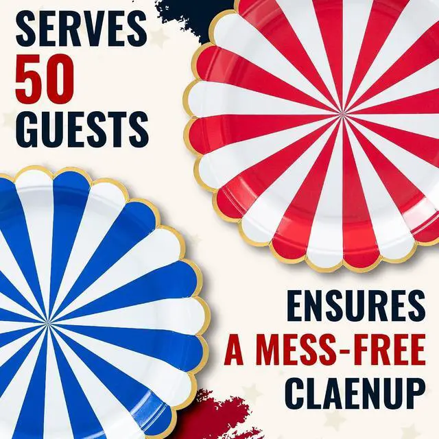 Alt view image 7 of 7 - Confettiville 4th of July Plates, 50-Pack Scallop-Edged Party Paper Plates with Gold Foil Borders, Red and Blue Stripes, 9-Inch