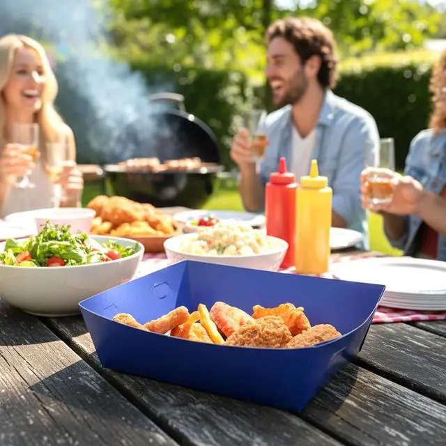 Alt view image 7 of 7 - 25 Pcs Paper Food Tray 4 lb Large Food Boats Nacho Plates Disposable Serving Snack Trays Large Paper Trays Boat for Nachos, Hotdogs, Tacos, Fries (Navy Blue)