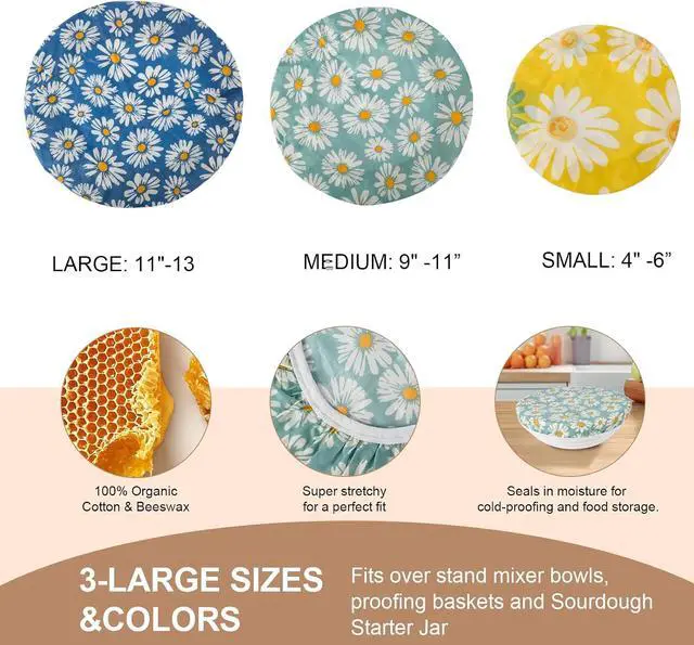 Alt view image 2 of 7 - 3-Pack Reusable Beeswax Bowl Covers for Bread Proofing, Stretch Fit 4-13"