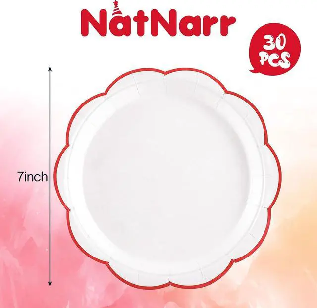 Alt view image 2 of 7 - NatNarr 30 Pcs Red and White Paper Plates 7 Inch White Plates with Red Trim