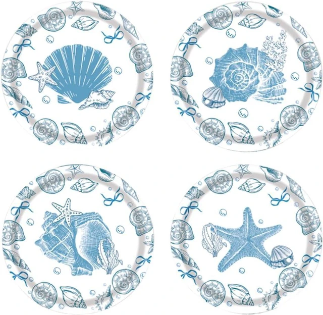 Main image of Blue Seashell Plates, 7 Inch Coastal Party Plates, 48 PCS Set