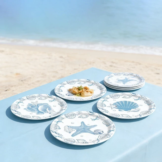 Alt view image 3 of 7 - Blue Seashell Plates, 7 Inch Coastal Party Plates, 48 PCS Set