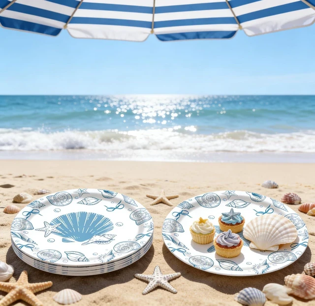 Alt view image 4 of 7 - Blue Seashell Plates, 7 Inch Coastal Party Plates, 48 PCS Set