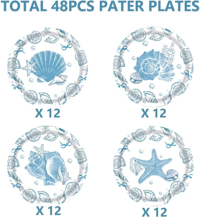 Alt view image 6 of 7 - Blue Seashell Plates, 7 Inch Coastal Party Plates, 48 PCS Set