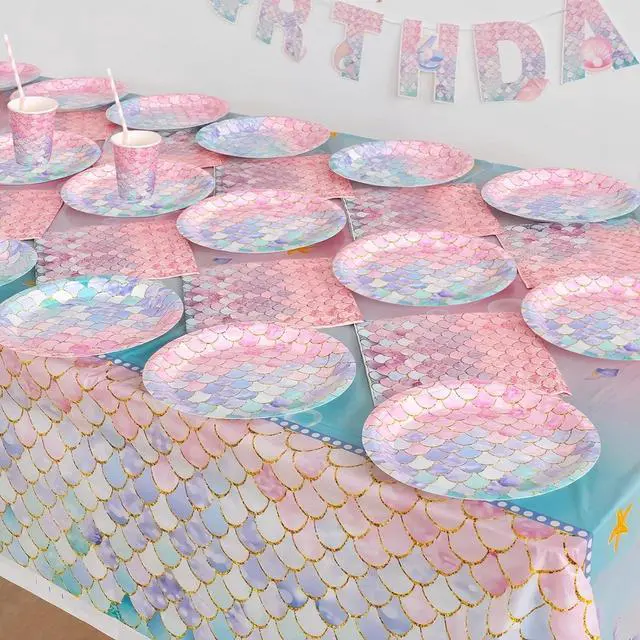 Alt view image 3 of 7 - 40 Pcs Mermaid Plates and Napkins Birthday Party Decorations for 20 Guests