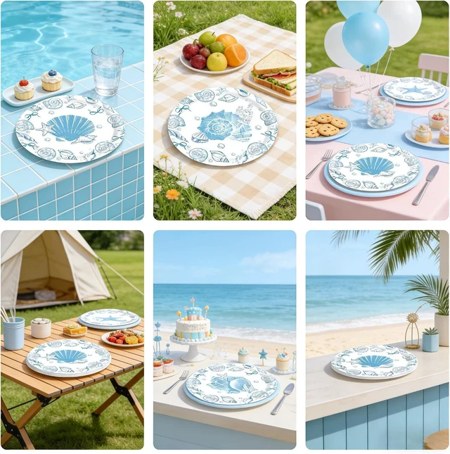 Alt view image 7 of 7 - Blue Seashell Plates, 7 Inch Coastal Party Plates, 48 PCS Set