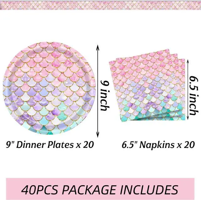 Alt view image 2 of 7 - 40 Pcs Mermaid Plates and Napkins Birthday Party Decorations for 20 Guests