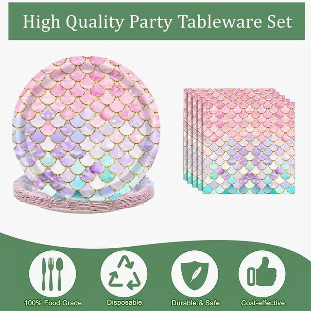 Alt view image 5 of 7 - 40 Pcs Mermaid Plates and Napkins Birthday Party Decorations for 20 Guests