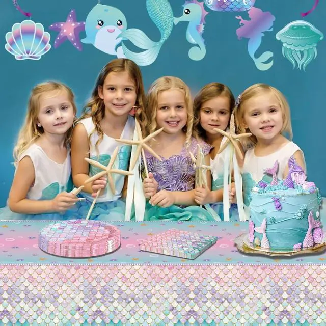 Alt view image 6 of 7 - 40 Pcs Mermaid Plates and Napkins Birthday Party Decorations for 20 Guests