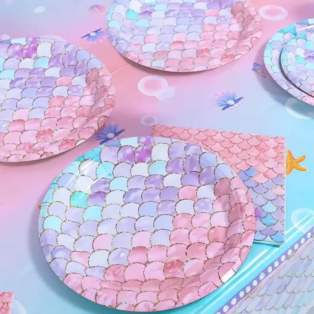 Alt view image 7 of 7 - 40 Pcs Mermaid Plates and Napkins Birthday Party Decorations for 20 Guests