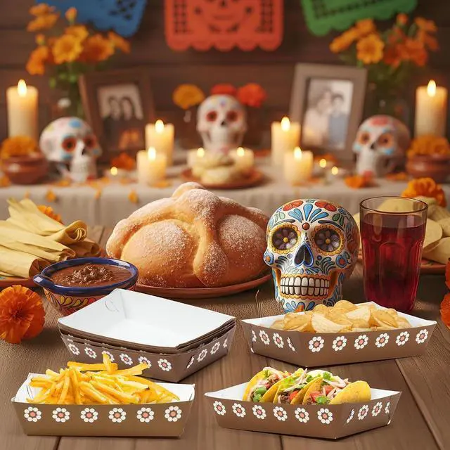 Alt view image 2 of 6 - Mexican Taco Nights Food Trays - 50Pcs Mexican Cielito Lindo Brown Flower Unassembled Trays Nacho Snack Candy Holder Disposable Paper Plates Birthday Carnival Party Supplies Food Containers