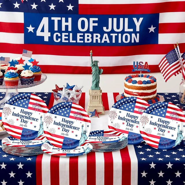 Alt view image 4 of 6 - 7 Inch Heavy Duty Paper Plates 40 Pack Red White and Blue Patriotic Paper Plates Disposable 4th of July Plates Bulk, Fourth of July Party Supplies, Sturdy Dessert Dinner Plates for BBQ Picnic Decor