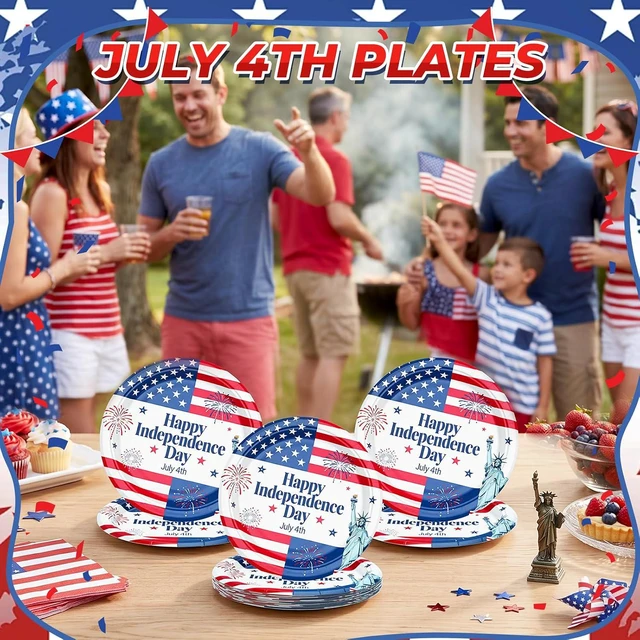 Alt view image 3 of 6 - 7 Inch Heavy Duty Paper Plates 40 Pack Red White and Blue Patriotic Paper Plates Disposable 4th of July Plates Bulk, Fourth of July Party Supplies, Sturdy Dessert Dinner Plates for BBQ Picnic Decor