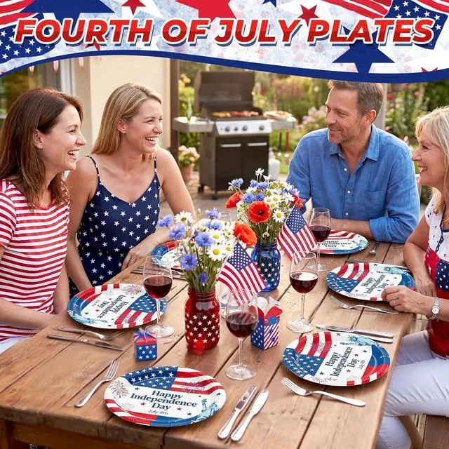 Alt view image 5 of 6 - 7 Inch Heavy Duty Paper Plates 40 Pack Red White and Blue Patriotic Paper Plates Disposable 4th of July Plates Bulk, Fourth of July Party Supplies, Sturdy Dessert Dinner Plates for BBQ Picnic Decor