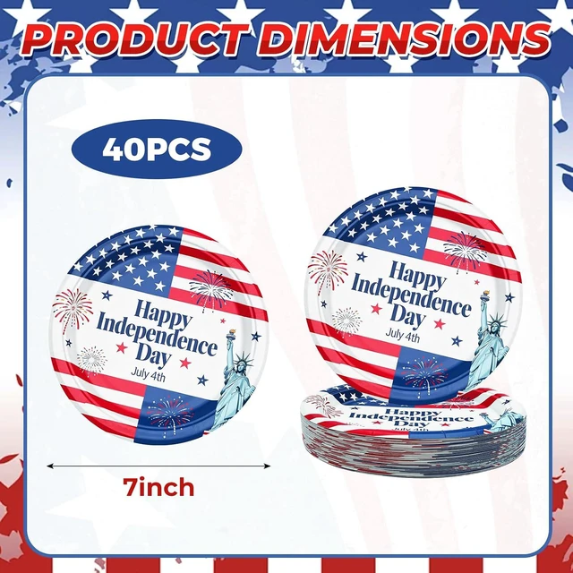 Alt view image 6 of 6 - 7 Inch Heavy Duty Paper Plates 40 Pack Red White and Blue Patriotic Paper Plates Disposable 4th of July Plates Bulk, Fourth of July Party Supplies, Sturdy Dessert Dinner Plates for BBQ Picnic Decor